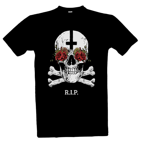 Tričko s potiskem Lebka s křížem a květinami